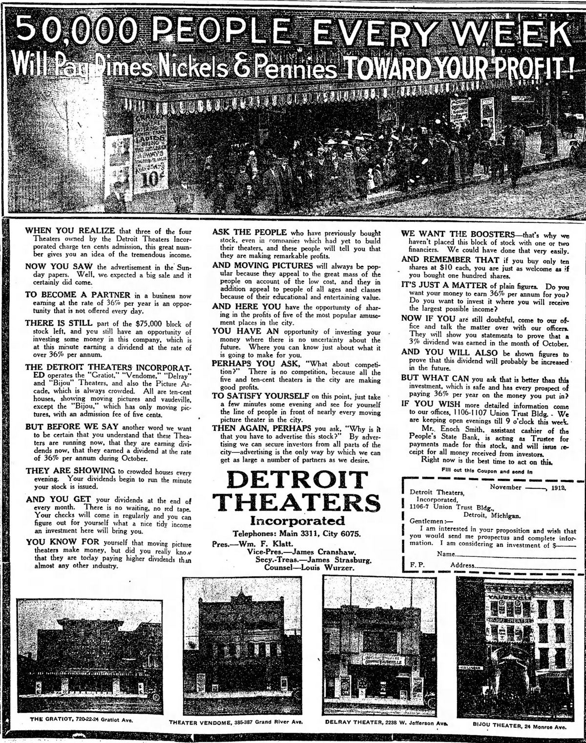 November 1912 ad Bijou Theatre, Detroit
